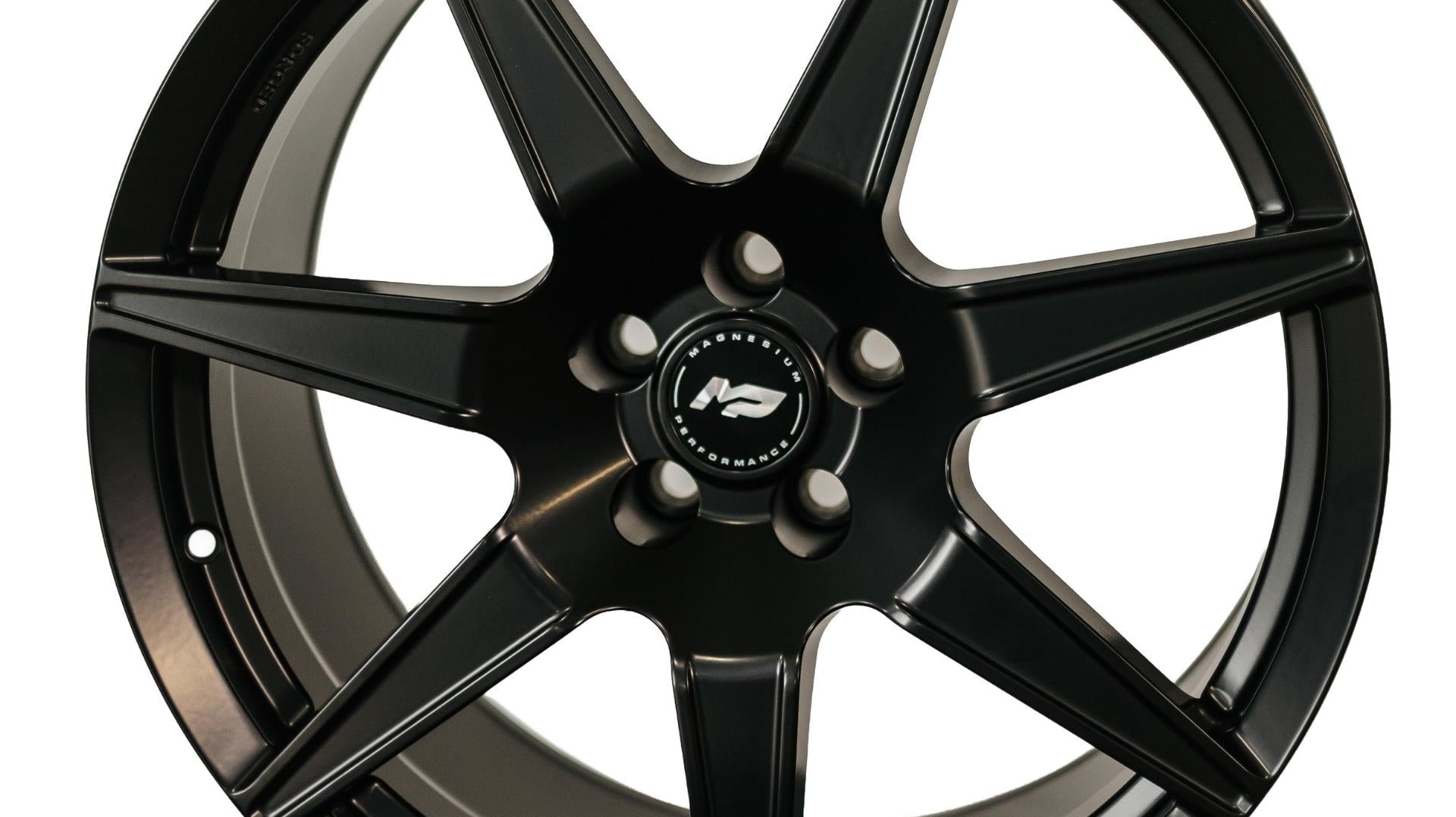 Close-up of a forged magnesium alloy wheel by MP Wheels highlighting lightweight forged wheel design for high-performance vehicles
