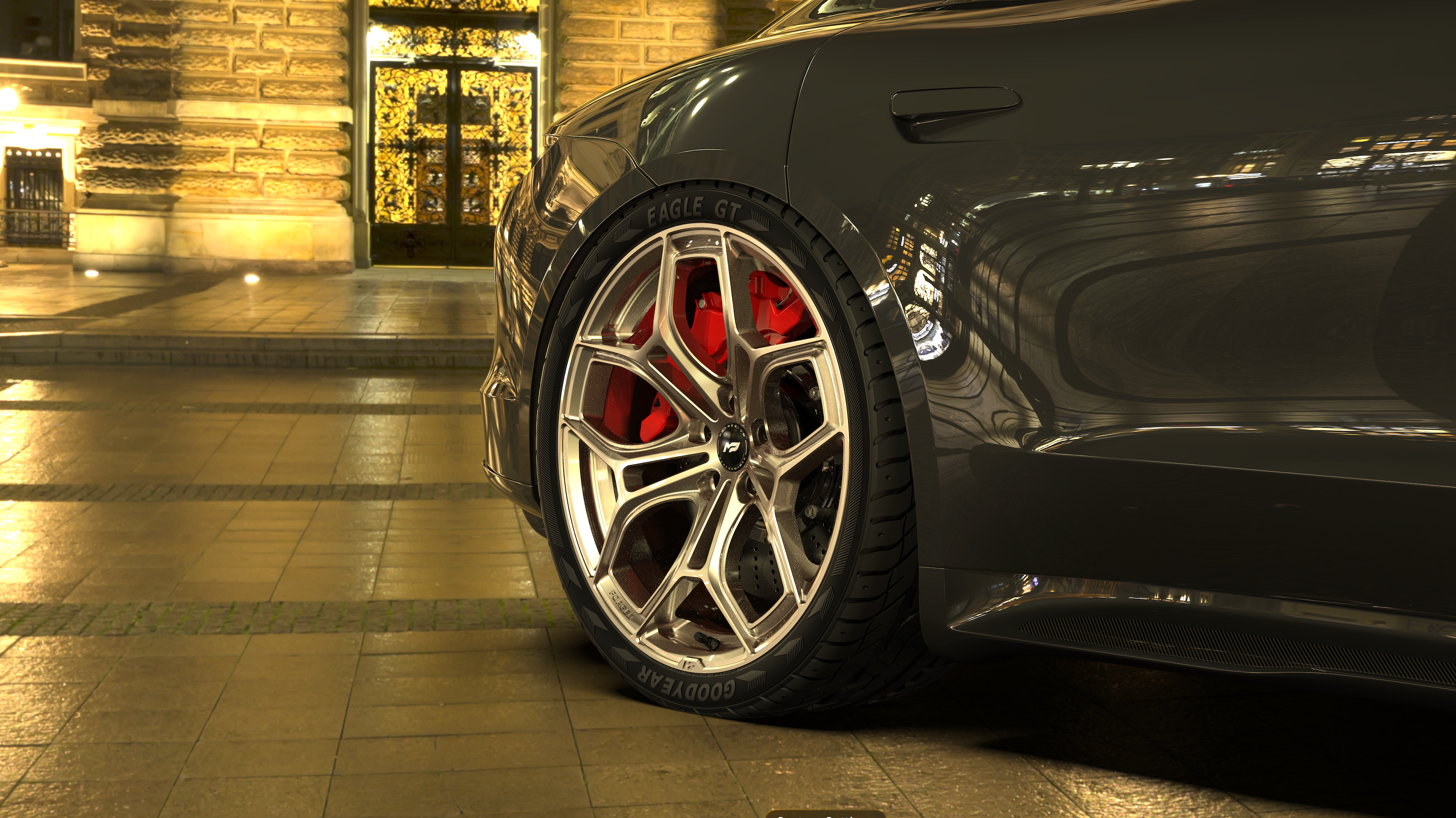 A close-up of a car with forged magnesium wheels and red brake calipers parked under city lights at night.