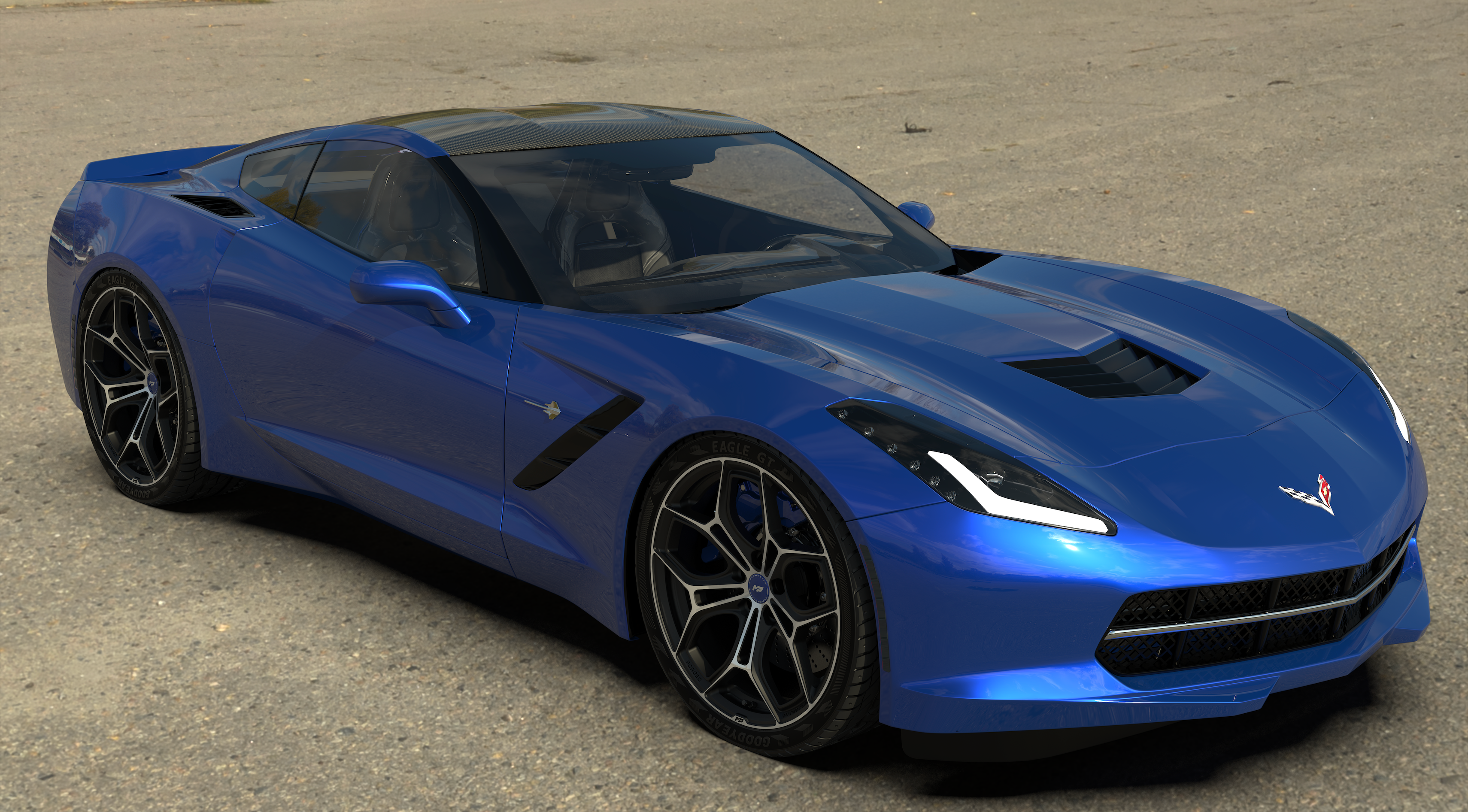 Blue sports car parked featuring silver magnesium rims.