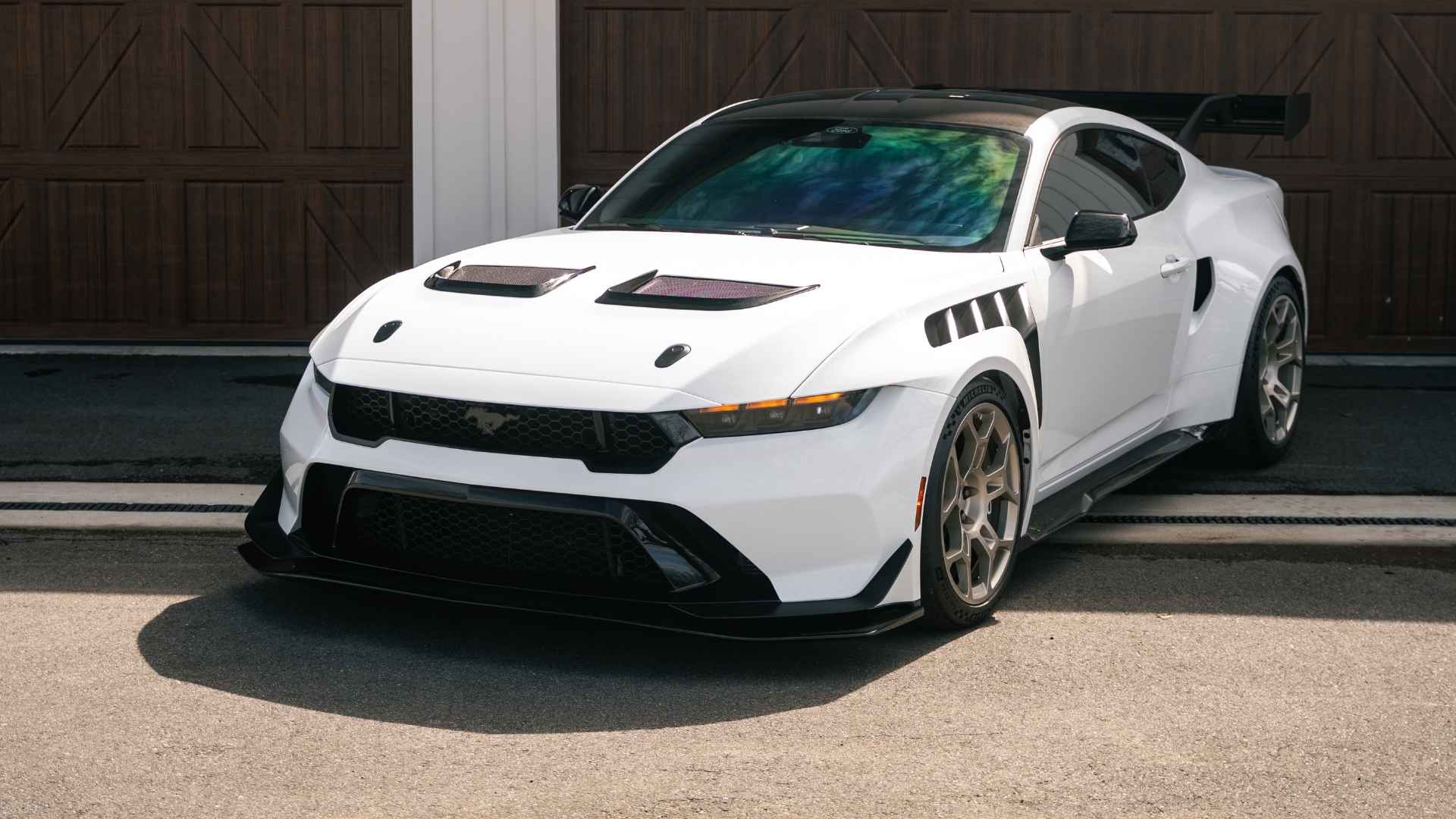 White Mustang GTD with lightweight Mustang GTD magnesium wheels designed for high-performance track driving